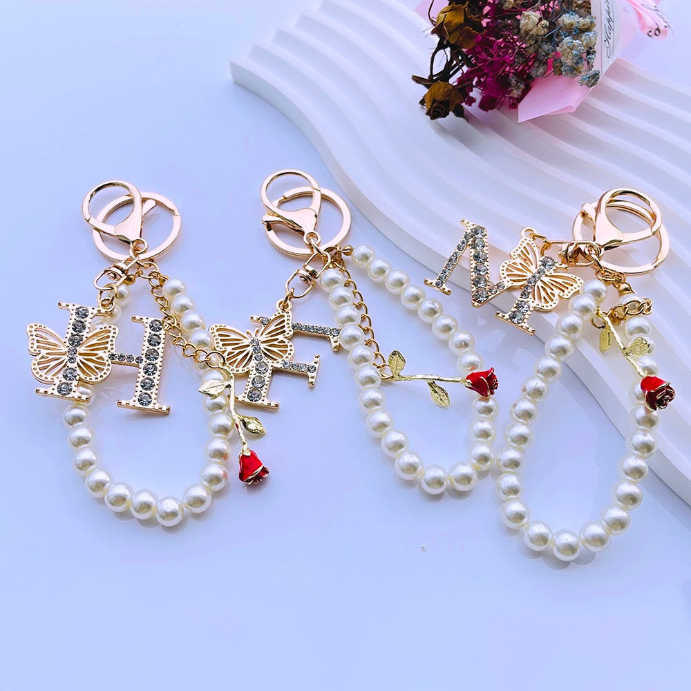 Exquisite Initial A-Z 26 Butterfly Capital Letters Red Rose Keyring Crystal Resin Pearl Beaded Keychain Bag Pendant Women Gift