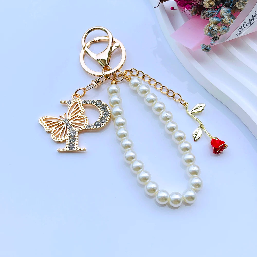 Exquisite Initial A-Z 26 Butterfly Capital Letters Red Rose Keyring Crystal Resin Pearl Beaded Keychain Bag Pendant Women Gift