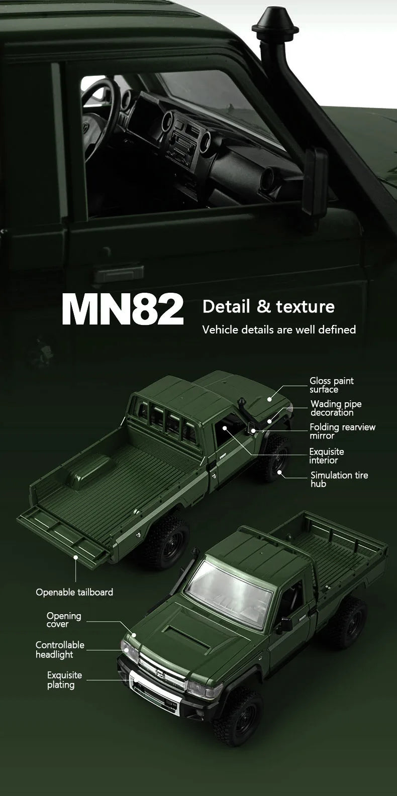 MN82 Green Color 4WD Off-road Rc Car LC79 1:12 280 Brushed Motor Simulation Professional 2.4G Remote Control Pickup Truck Model