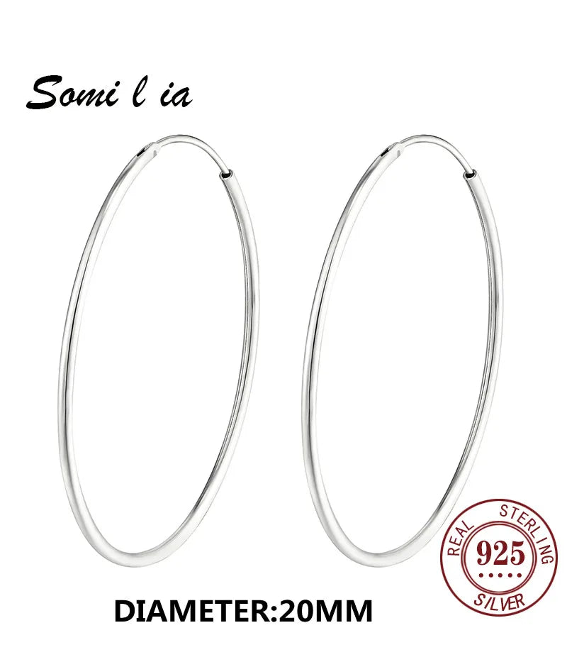 SOMILIA 925 Sterling Silver Platinum Big Hoop Earrings for Women Real Money Jewelry Female Fashion Womens Fine Earrings 10-90mm