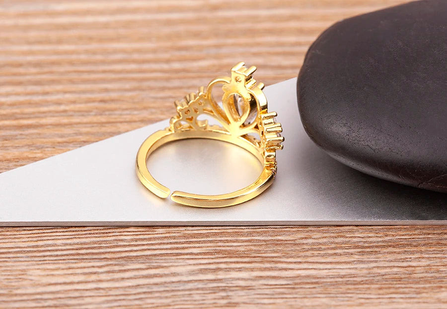 Nidin New Design Crown-Shaped Hollow Inlaid Shiny Rhinestone Open Ring Women Temperament Zircon Adjustable Jewelry Wedding Gift
