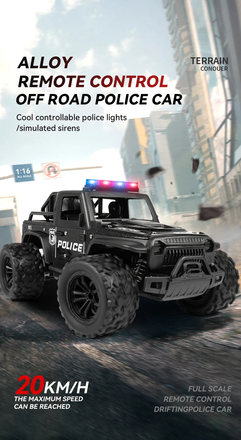 1:16 Alloy High Speed Off-Road Police Truck RC Car with Music Sound and LED Lights Outdoor Toy 2.4G Remote Control Cars