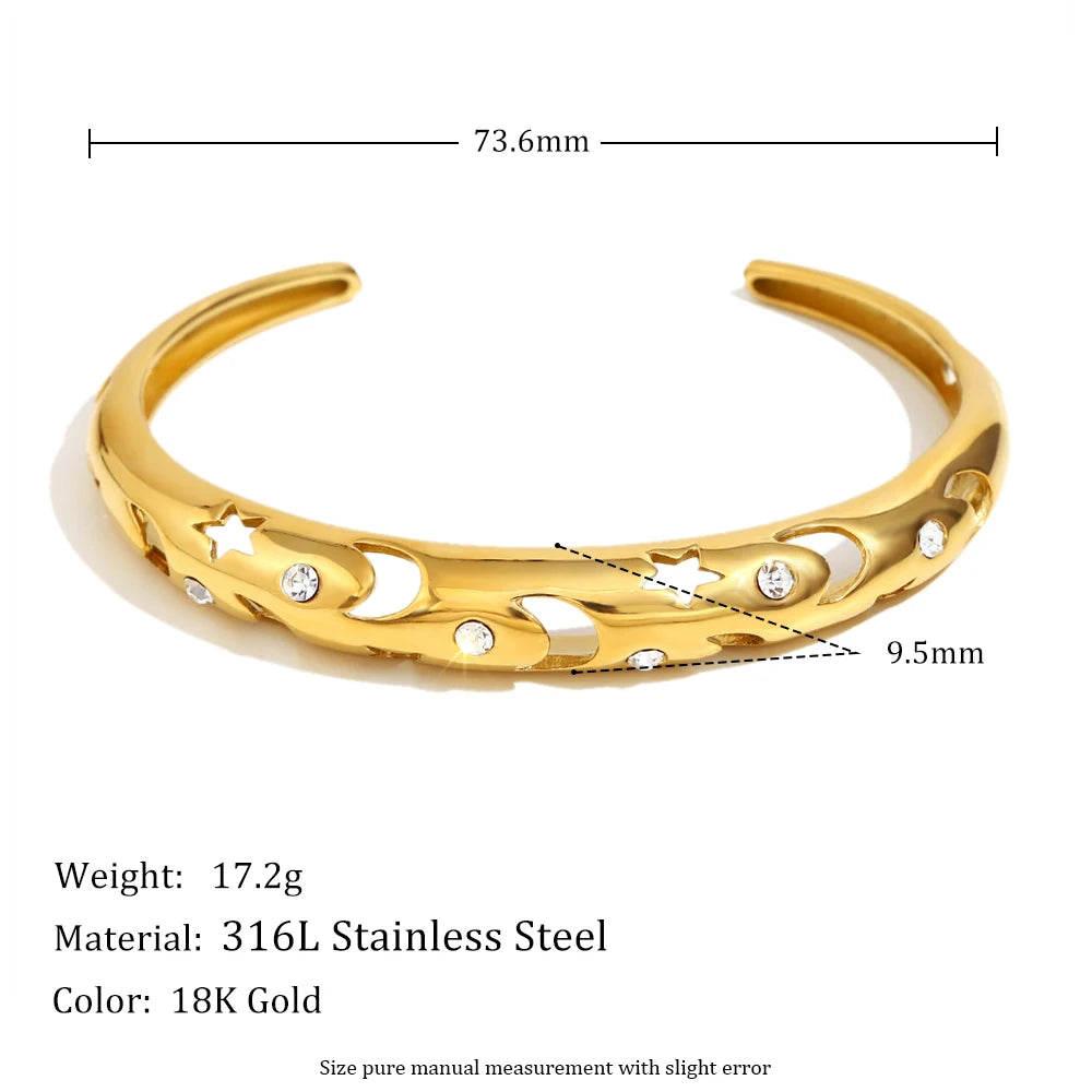MamacitaSlay 316L Stainless Steel Star Moon Zircon Open Bracelet Party Waterproof 18K Gold Plated Jewelry Women's Charm Bracelet