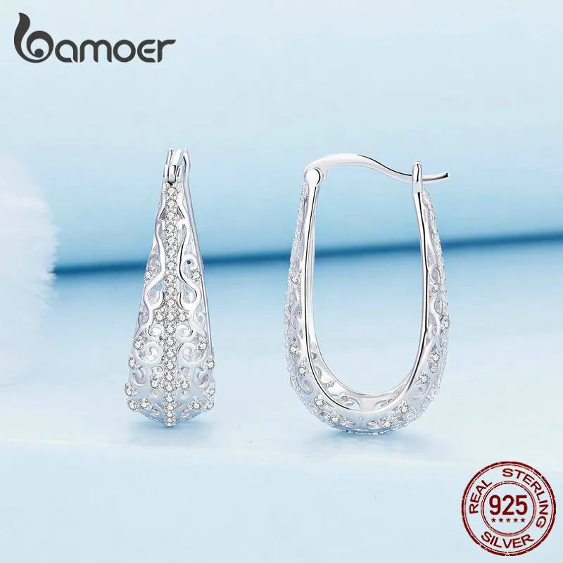 Bamoer 925 Sterling Silver Decorative Vine Hollow Pattern Hoop Earrings Waterdrop Shape Ear Buckles for Women Luxury Jewelry