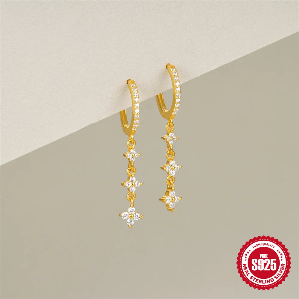 CANNER Eight Pointed Star Moon Tassel Zircon 925 Sterling Silver Drop Earrings For Women Ins Pearl Flower Minimalism Earrings