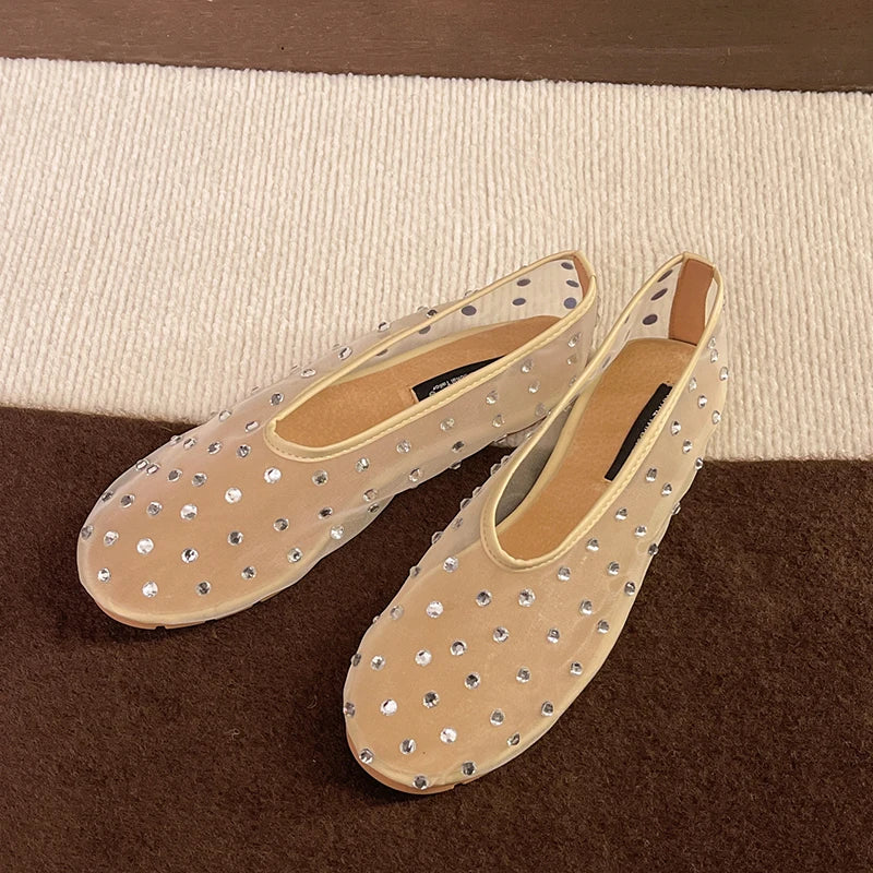 New Fish Net Crystal Women Loafers Shoes Comfort Ladies Slip On Dress Ballet Flats Shoes 2026 Spring Ladies Concise Shoes