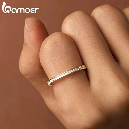 BAMOER Moissanite Wedding Band 925 Sterling Silver Eternity Rings Platinum Plated Lab Created Diamond Stackable Ring for Women