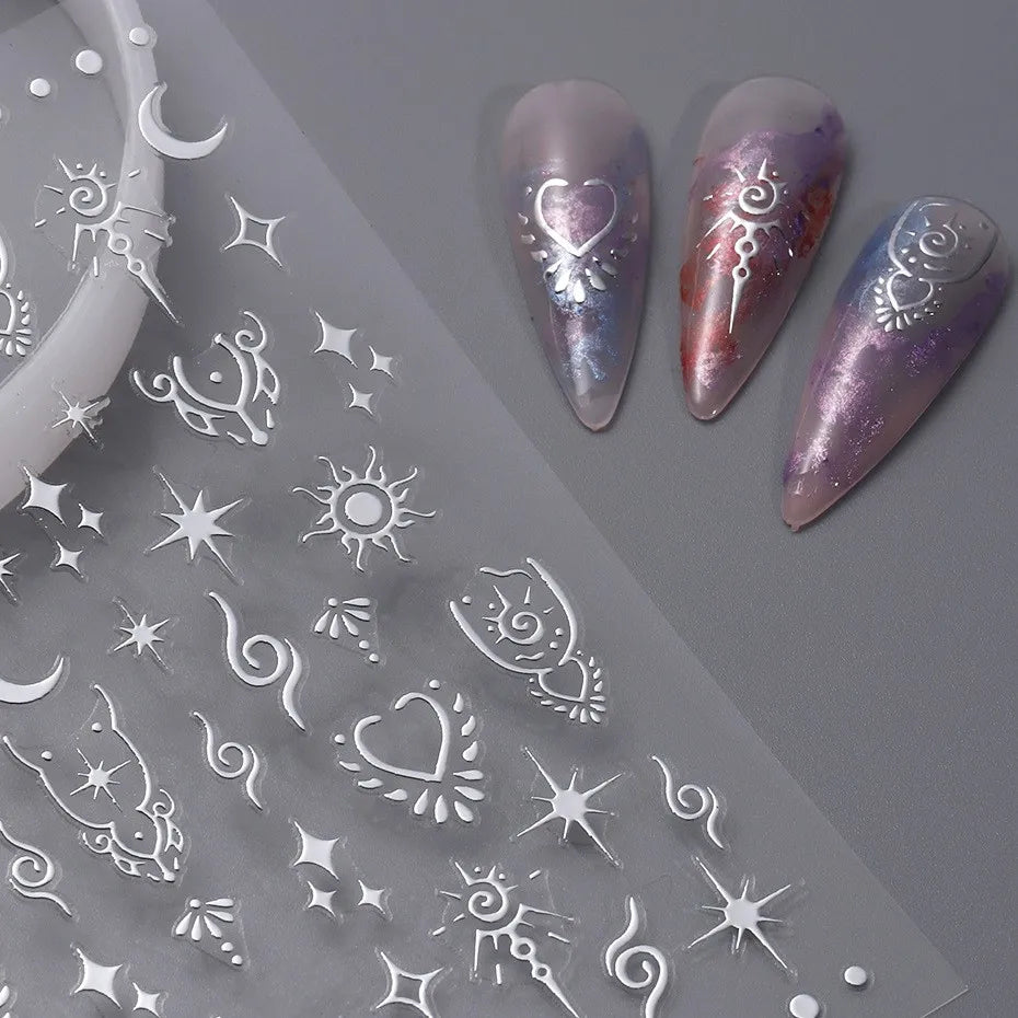 7pcs/Set Bronzing Gold/Silver Nail Art Sticker Sun Stars Moon Design Nail Decals 8*10CM Laser Bohemia Self-Adhesive Slider NLS
