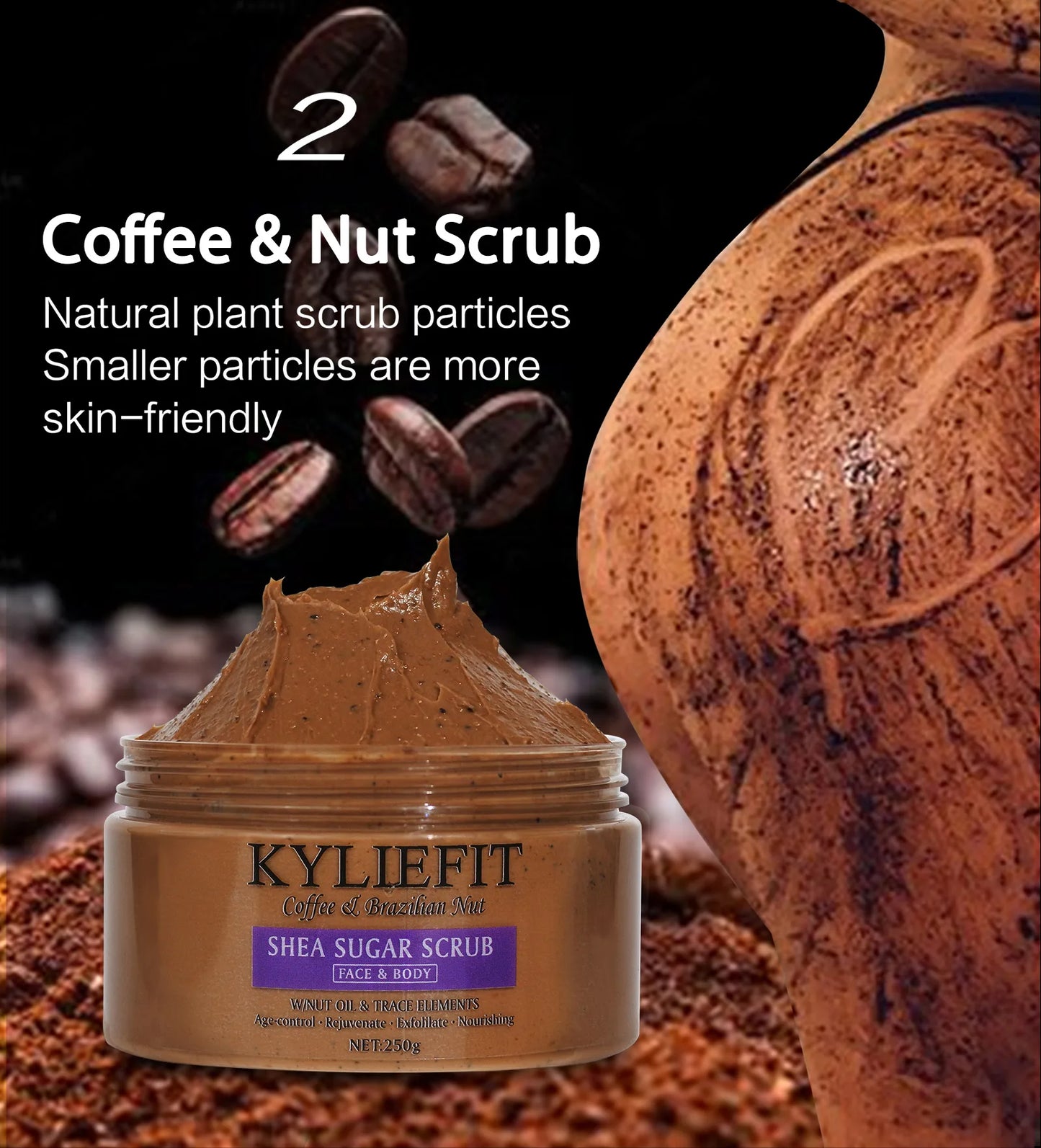 KYLIEFIT Natural Exfoliating Salt Body and Face Scrub, Lightening, Moisturizing, Remove Dark Spots, Acne, Stains, Wrinkles, 250g