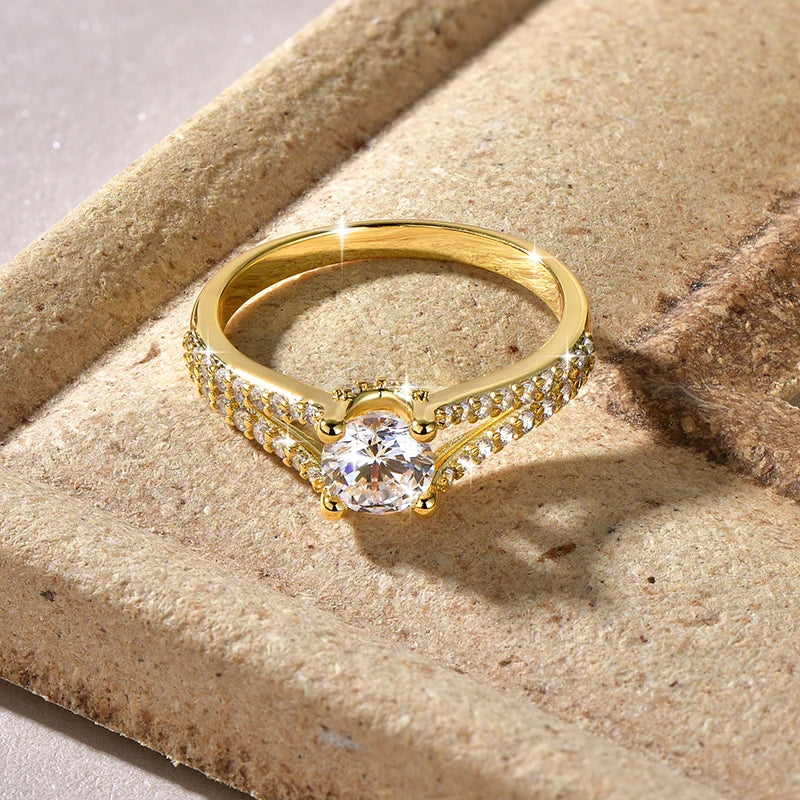 Rrjzz 14K Gold Plated 0.7CT Round Cut Cubic Zirconia Promise Eternity Engagement Weddng Ring for Women Bridal Ring Jewelry Gift