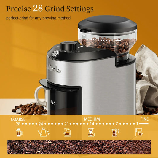Automatic Burr Coffee Grinder 200W Electric Coffee Bean Grinder with 28 Precise Grind Settings Stainless Steel Grinding Machine