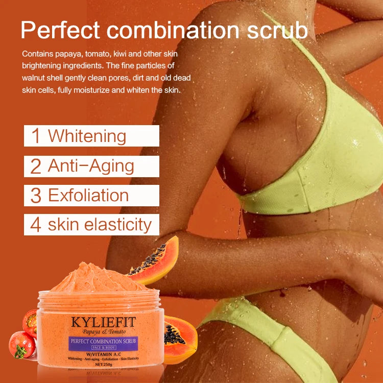 KYLIEFIT Natural Exfoliating Salt Body and Face Scrub, Lightening, Moisturizing, Remove Dark Spots, Acne, Stains, Wrinkles, 250g