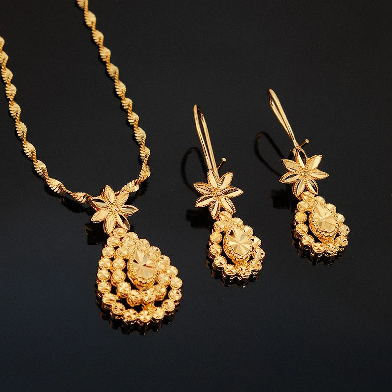 Luxury Gold Teardrop Jewelry Set Star Flower Pendant Necklace Hook Earrings 24K Gold Plated Dubai Style Bridal Wedding Jewelry