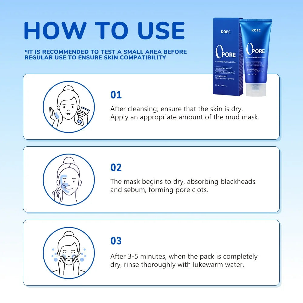 75ml KOEC Zero Pore Blackhead Blue Mud Facial Mask Deep Cleansing Tightening Oil Control PHA AHA Salicylic Acid Plant Extrats