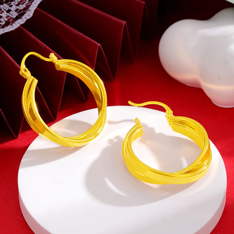 Stylish Double Hoop Earrings Women's 24K Gold AU999 - Minimalist double hoops, trendy, women's 24K gold style