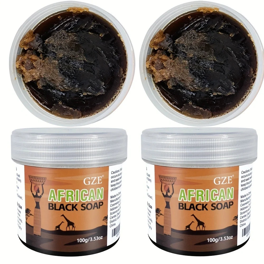 2 Pack GZE African Black Soap 3-in-1 Face, Hair, and Body Cleanser - Deeply Cleanses and Moisturizes Skin and Hair -  Handmade