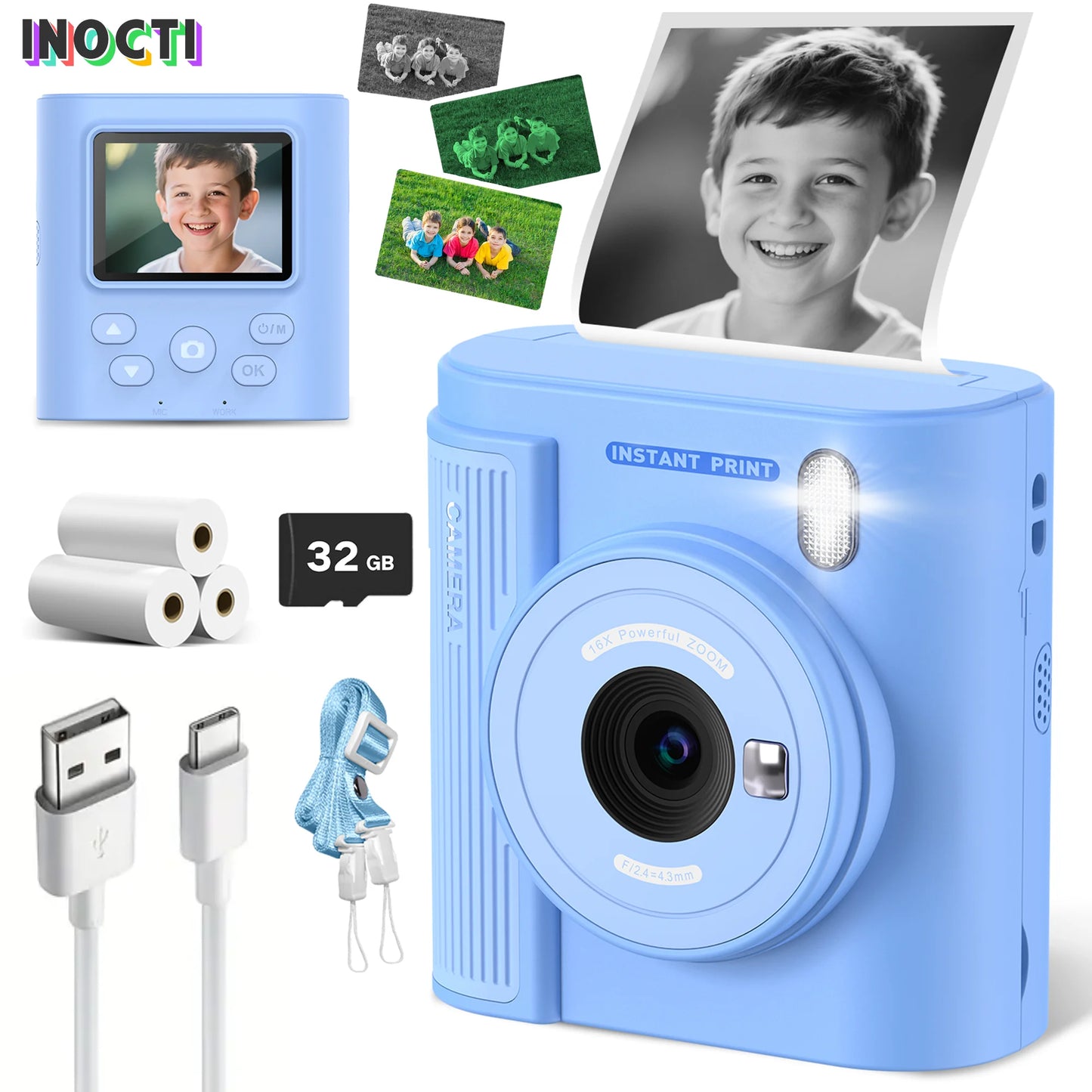 INOCTI Kids Print Camera, Toddler Digital Camera, Three printing paper&32G Card, for Girls Boys Christmas Birthday Gifts