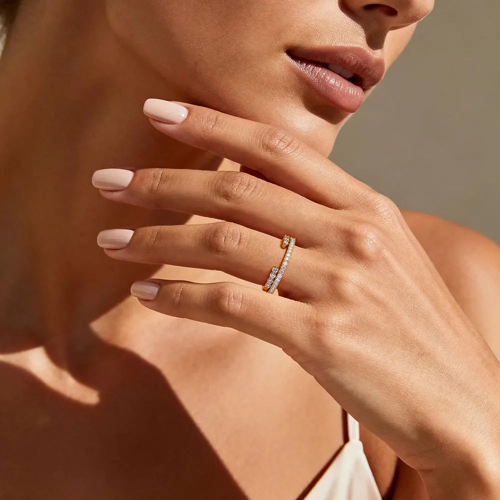 Pretty Beauty S925 Sterling Silver Moissanite Open Ring Wedding Band Gold Plated Trendy Jewelry Gifts for Women Birthday Party