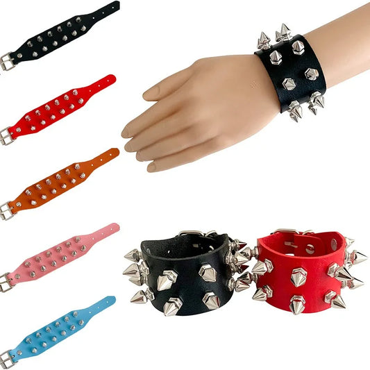 Gothic PU Leather Bracelet Two Row Cuspidal Spikes Rivet Stud Wide Cuff Punk Gothic Rock Unisex Wristbands Men Jewelry Gifts