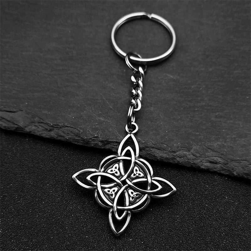 Gothic Viking Witch Celtic Knot Symbol Key Chain for Women Men Stainless Steel Odin Runes Witchcraft Key Ring Jewelry Gift