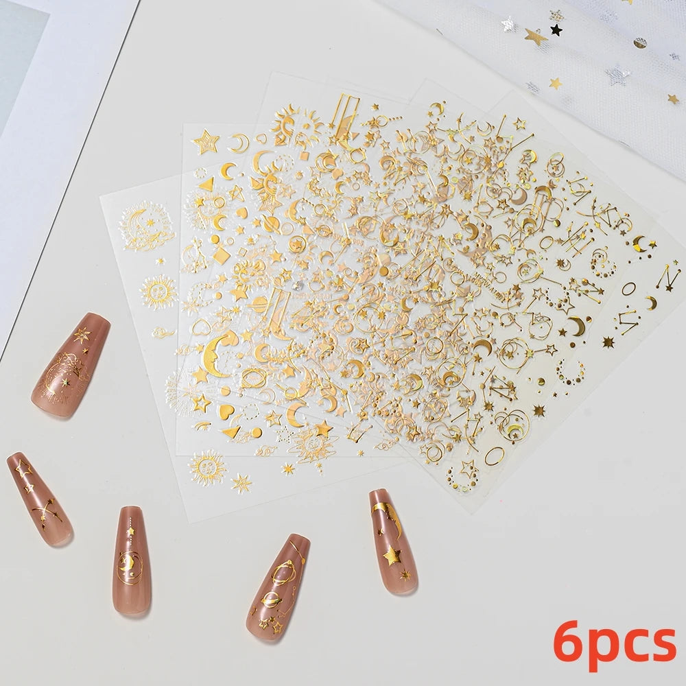 7pcs/Set Bronzing Gold/Silver Nail Art Sticker Sun Stars Moon Design Nail Decals 8*10CM Laser Bohemia Self-Adhesive Slider NLS