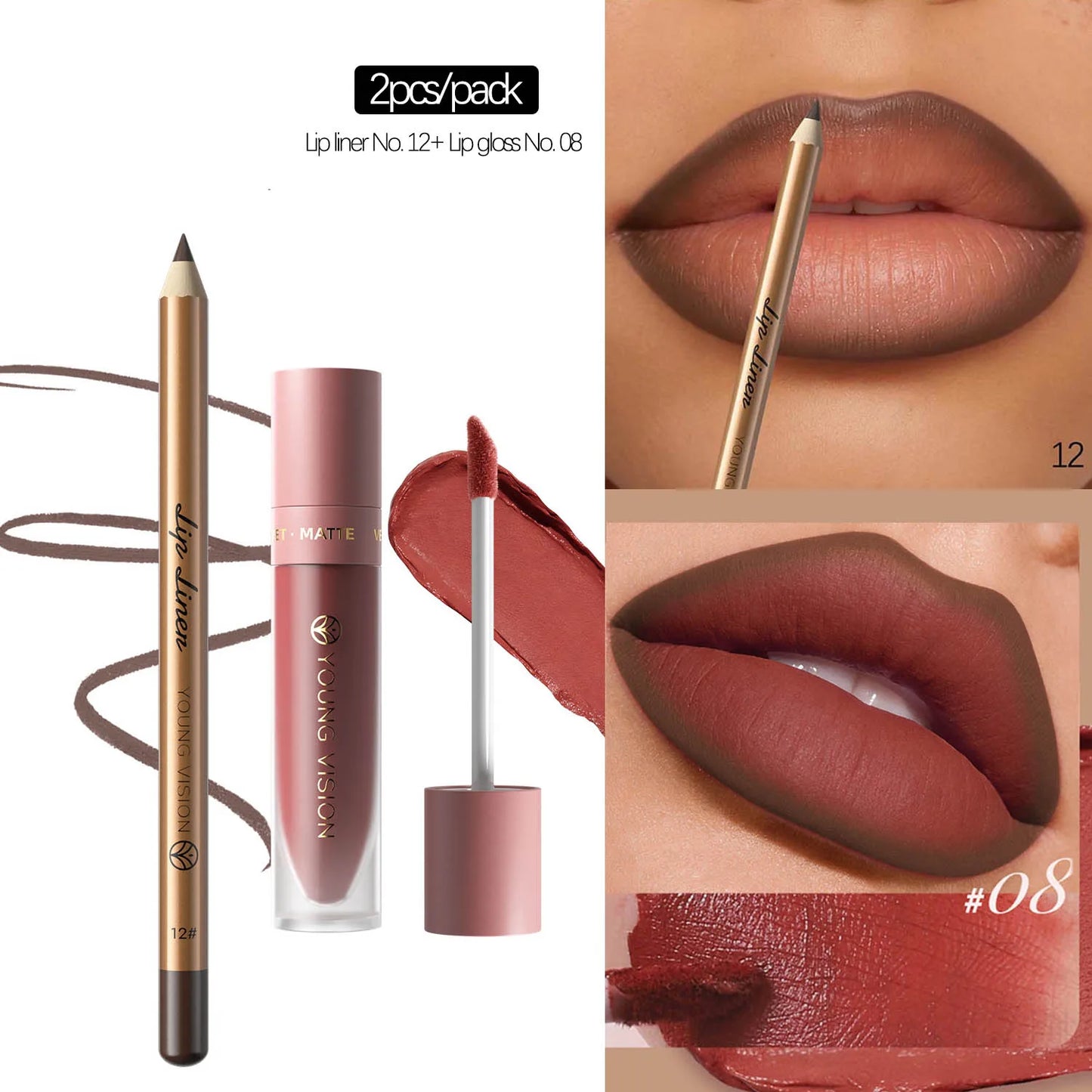 Lip Gloss and Lip Liner Set, Long-Lasting Matte Finish, Smooth and Precise Lip Liner with Non-Stick, Smudge-Proof Lip Gloss