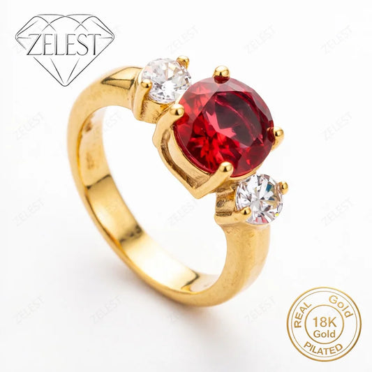 Elegant 925 Sterling Silver 18K Gold Plated 8 Size Exquisite Red Zircon Women's Ring Fashion Wedding Party Jewelry