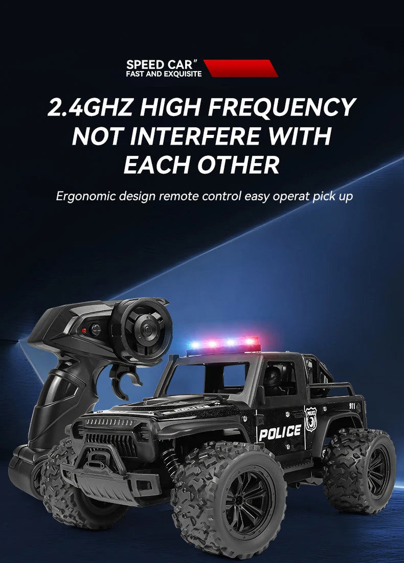 1:16 Alloy High Speed Off-Road Police Truck RC Car with Music Sound and LED Lights Outdoor Toy 2.4G Remote Control Cars
