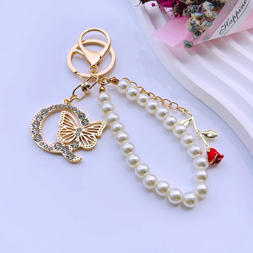 Exquisite Initial A-Z 26 Butterfly Capital Letters Red Rose Keyring Crystal Resin Pearl Beaded Keychain Bag Pendant Women Gift