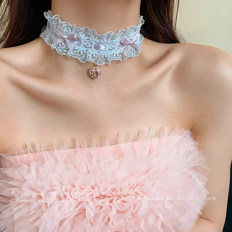 Pink Lace Bow Chokers Necklaces for Women Lolitas Heart Pendant Necklace Wide Ribbon Collar Cosplay Uniform Accessories