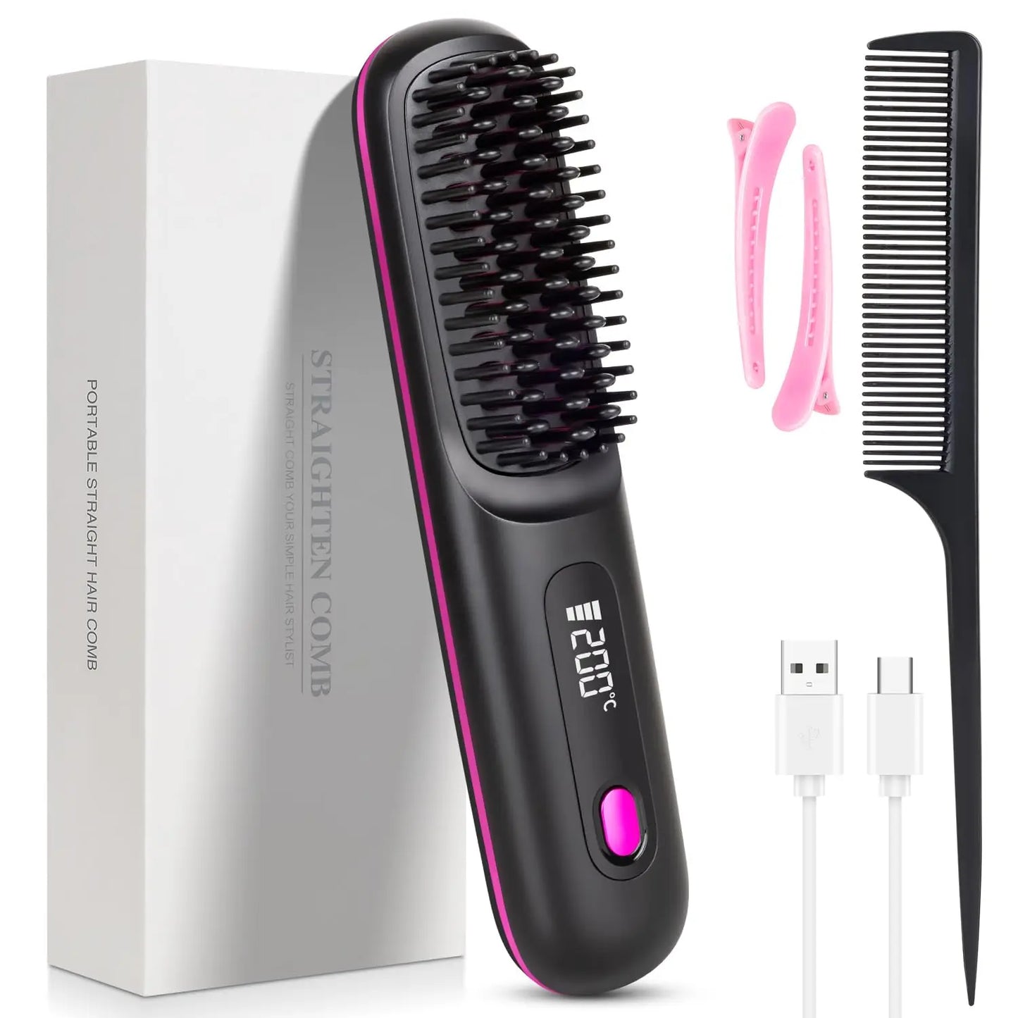 Portable Hair Straightener Brush Cordless USB Charging Straightening Comb LED Display & Ceramic Coating, Ionic Technology