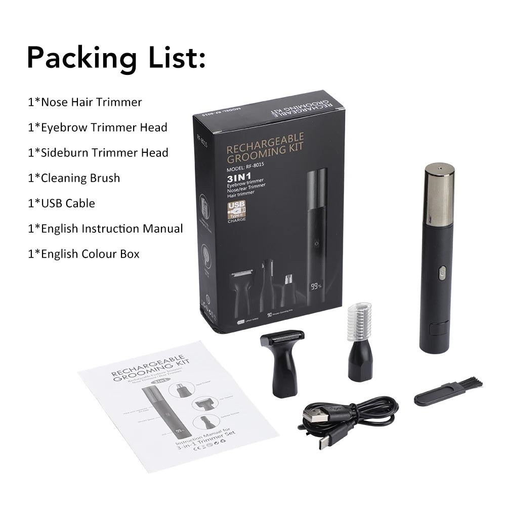 3 in 1 Electric Nose Ear Hair Trimmer for Men LED Display Painless Sideburns Eyebrow Beard Hair Clipper Shaver USB Rechargeable