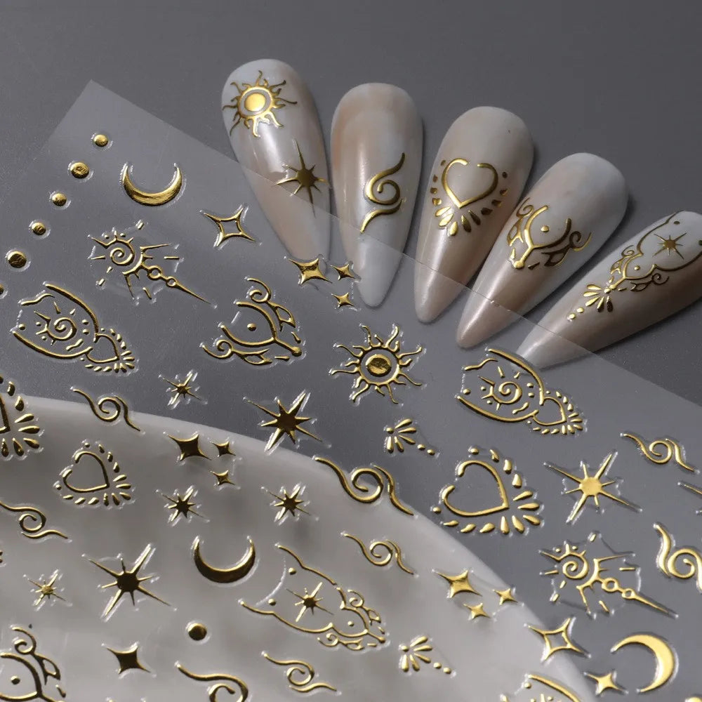 7pcs/Set Bronzing Gold/Silver Nail Art Sticker Sun Stars Moon Design Nail Decals 8*10CM Laser Bohemia Self-Adhesive Slider NLS