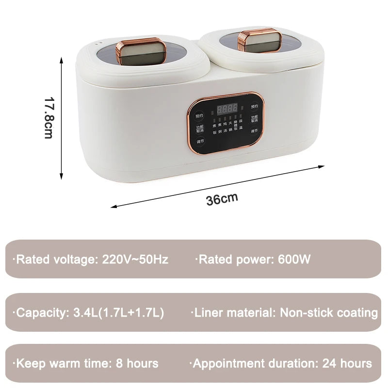 Electric Double-Liner Rice Cooker Heating Lunch Box Food Steamer Non-stick Pan Cooking Hot Pot Soup Stew Skillet Meals Heater