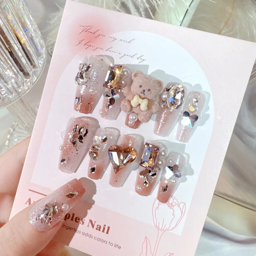 24Pcs+tools sea blue fake nails 3D moon rhinestones press on nails long coffin wearable false nail full cover luxury nails patch