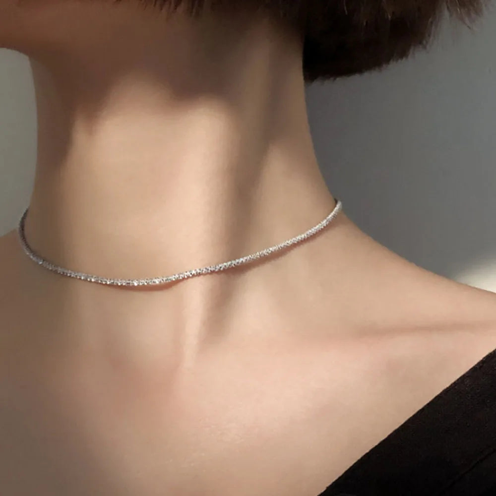 S925 Sterling Silver Necklace 2mm Sparkling Collarbone, Sweater Chain, High Charm Jewelry Gift Women