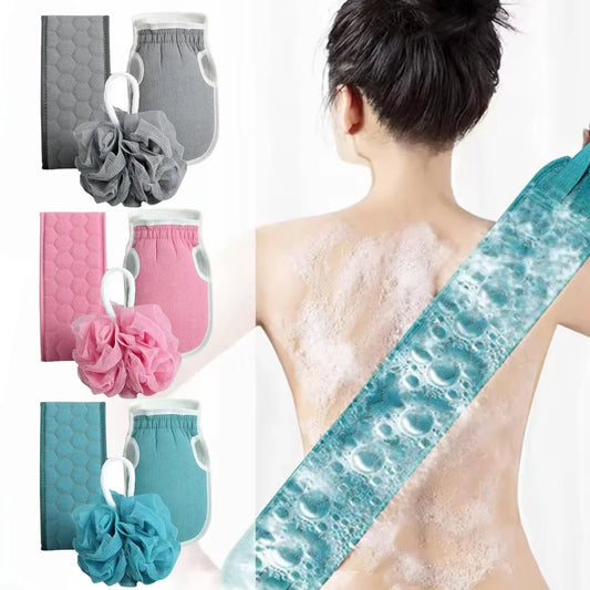 3 Colors Three-piece Bath Set, Rub Bath and Bath Artifact, Household Long Rub Back Towel, Bath Gloves, Bath Flower Set