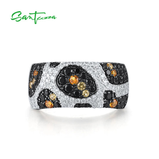 SANTUZZA Genuine 925 Sterling Silver Rings For Women Sparkling Brown Spinel White CZ Leopard Print Elegant Gift Fine Jewelry