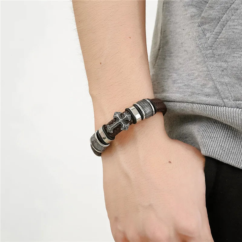 MKENDN Punk Style Stainless Steel Cross Leather Bracelet Men Charm 16 Strand Woven Leather Bracelet Magnet Clasp Boyfriend Gifts