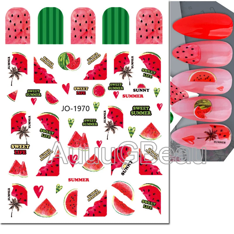 3d Nail Art Decals Summer Fruits Kiwi Orange Lemon Cherry Strawberry Adhesive Slides Nail Stickers Decoration For Manicure