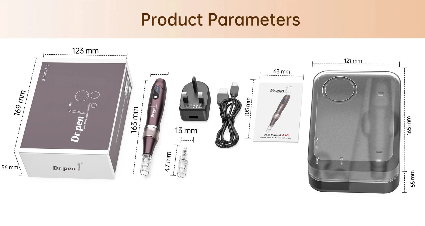 Original Dr. pen A10 Microneedling Pen 0.25mm 5 Speeds Type-C Charger 2 Cartridges Wave Needle Design