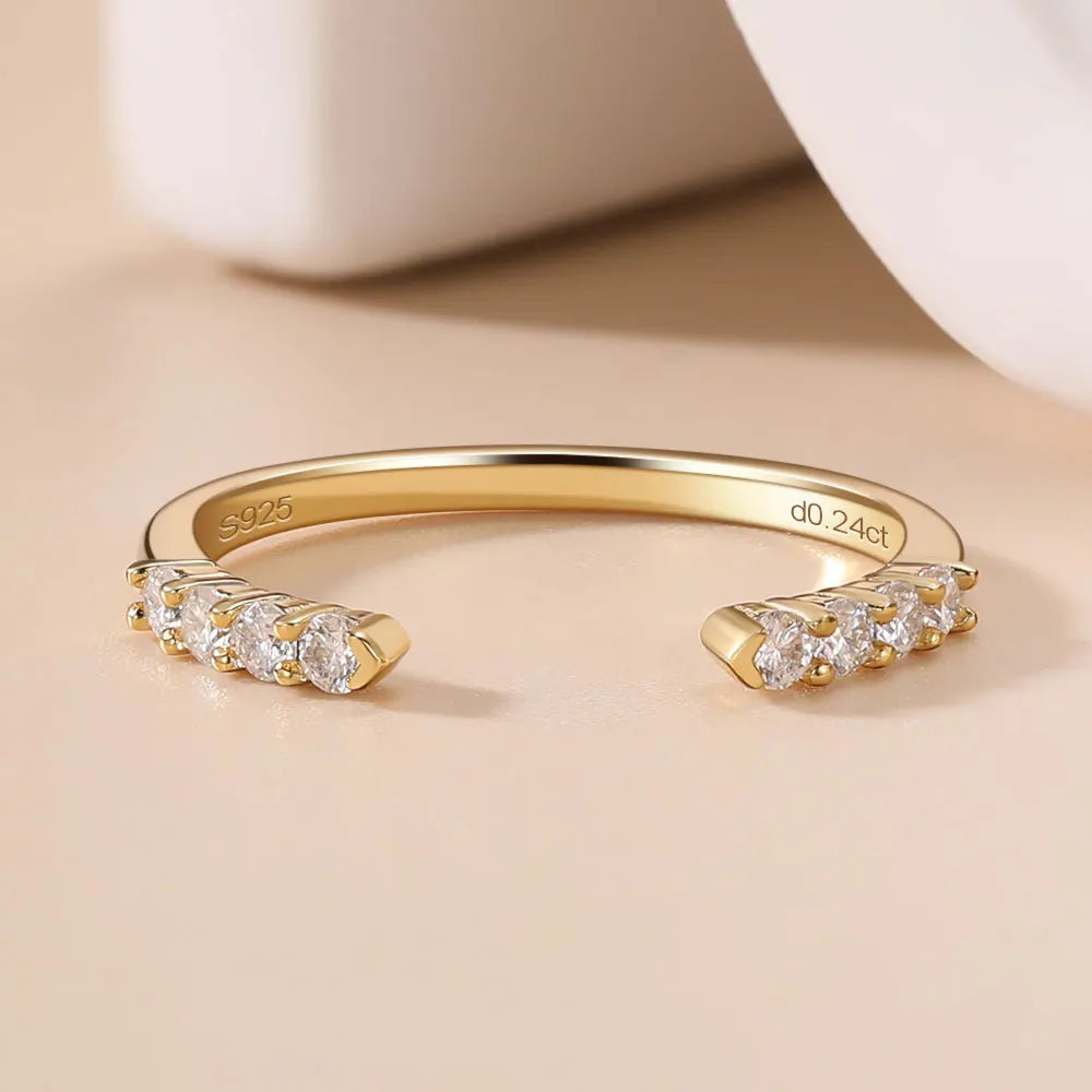 Pretty Beauty S925 Sterling Silver Moissanite Open Ring Wedding Band Gold Plated Trendy Jewelry Gifts for Women Birthday Party