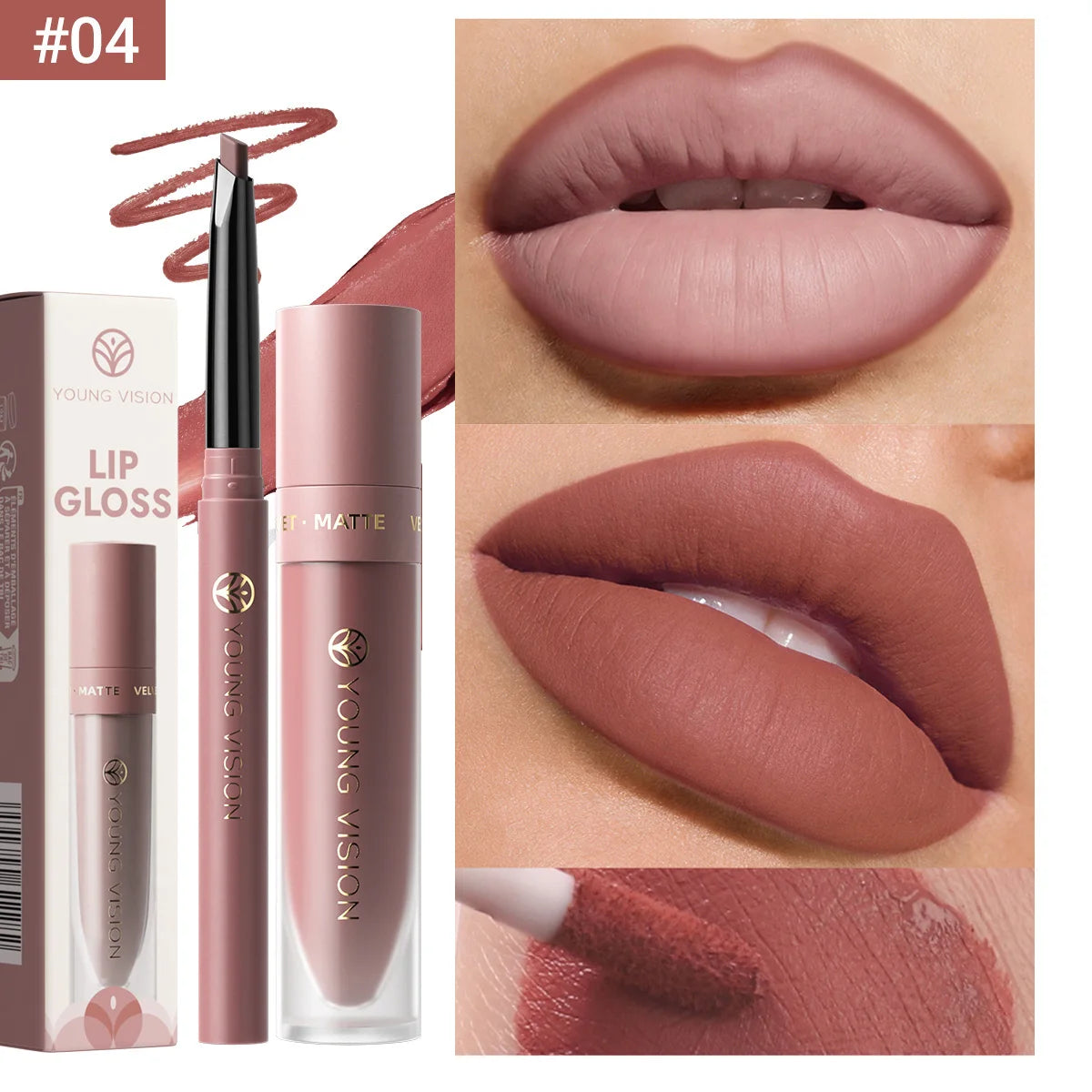 2Pcs Lip Gloss and Lip Liner Set, Matte Finish Non-Stick Cup Long-Lasting Lip Color and Liner Combo, Perfect for Defined Lips