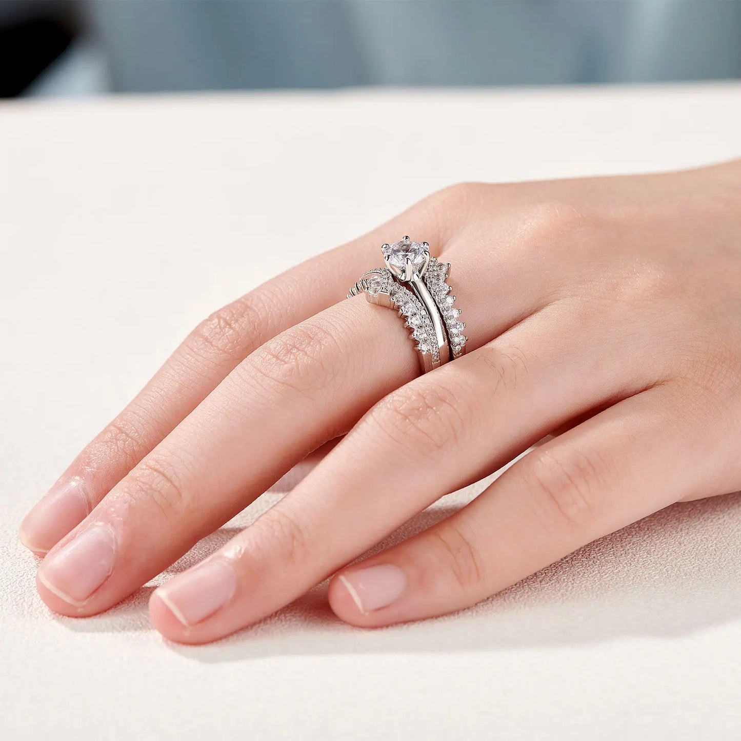 Newshe 925 Silver Bridal Set Original Wedding Rings for Women 1.8Ct Round Cut Zircon Moissanite Engagement Ring Enhancer Band