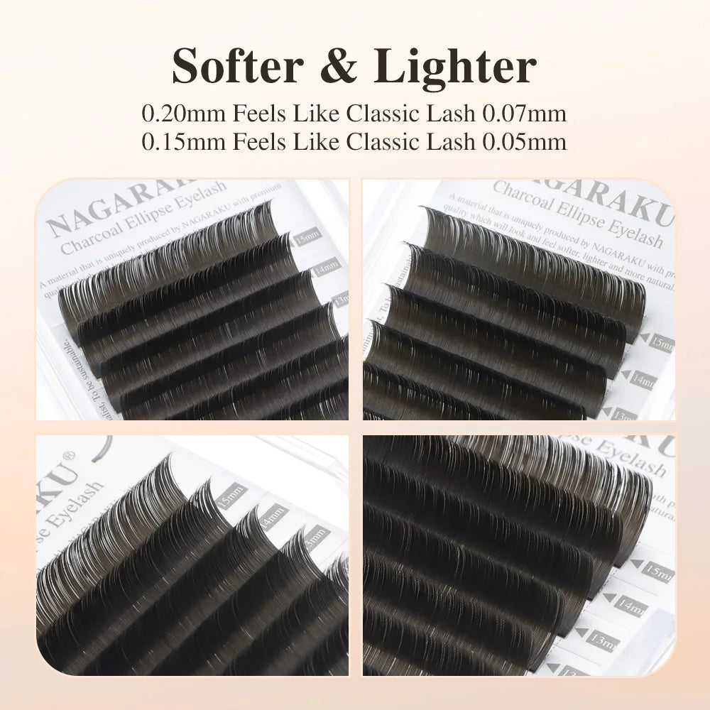 NAGARAKU Ellipse Flat Eyelash Split Tips Matte Charcoal Brown Color Super Soft Gentle Natural Eyelash Extension