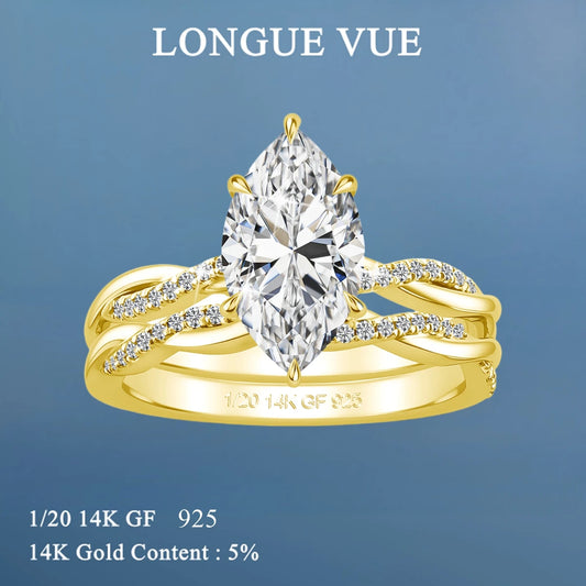 14K Gold Filled 3CT Marquise Moissanite Bride Engagement Ring Set D Color GRA Certified Gemstone Wedding Band Custom Jewelry