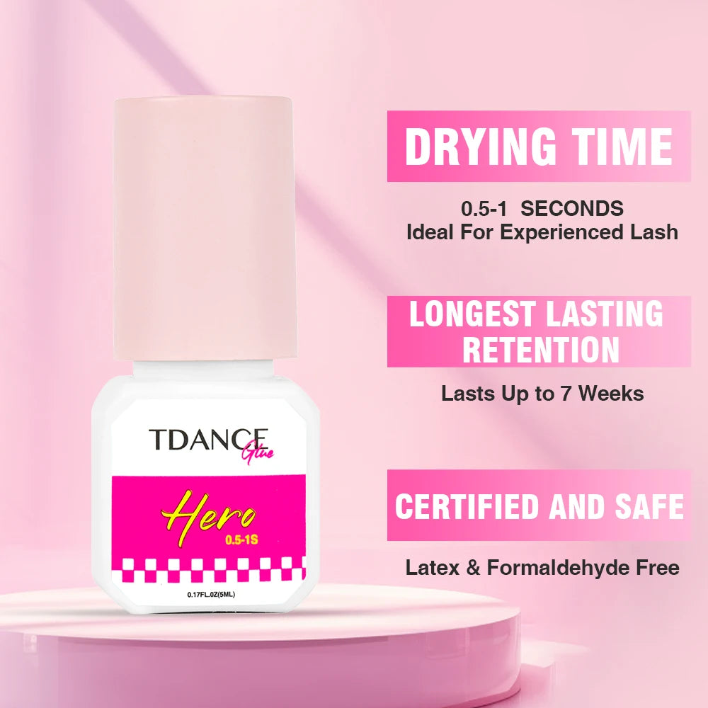 TDANCE Hero Glue 5ml 0.5-1 Second Fast Dry Eyelash Extension Adhesive Retention Extra Long Lasting Strong Low Smell Lash Glue