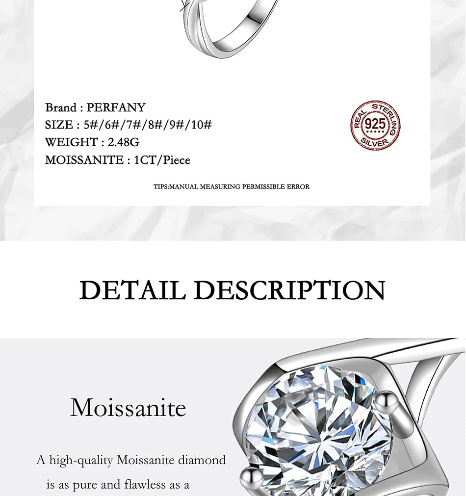 PERFANY 0.5/1CT Moissanite Engagement Ring for Women S925 Pure Silver Angel Kiss Laboratory Certified Diamond Wedding Jewelry