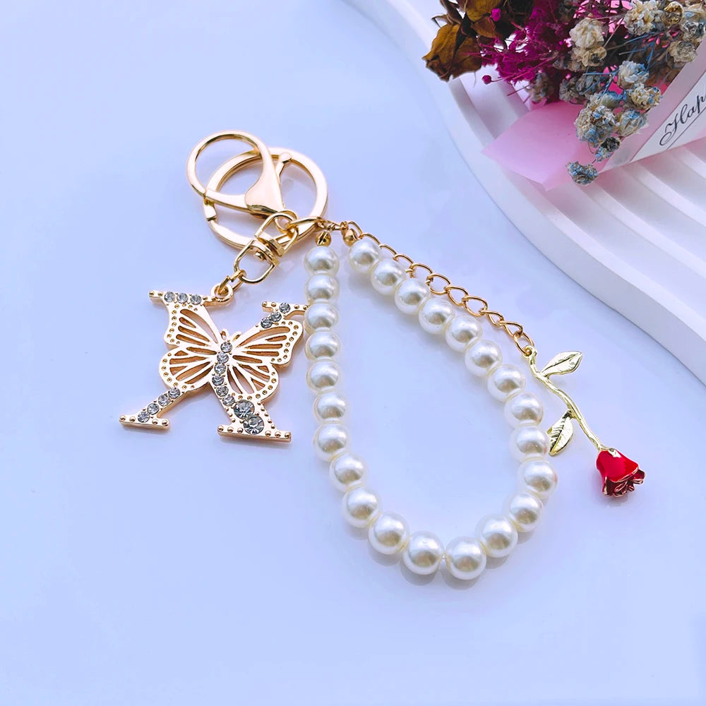 Exquisite Initial A-Z 26 Butterfly Capital Letters Red Rose Keyring Crystal Resin Pearl Beaded Keychain Bag Pendant Women Gift