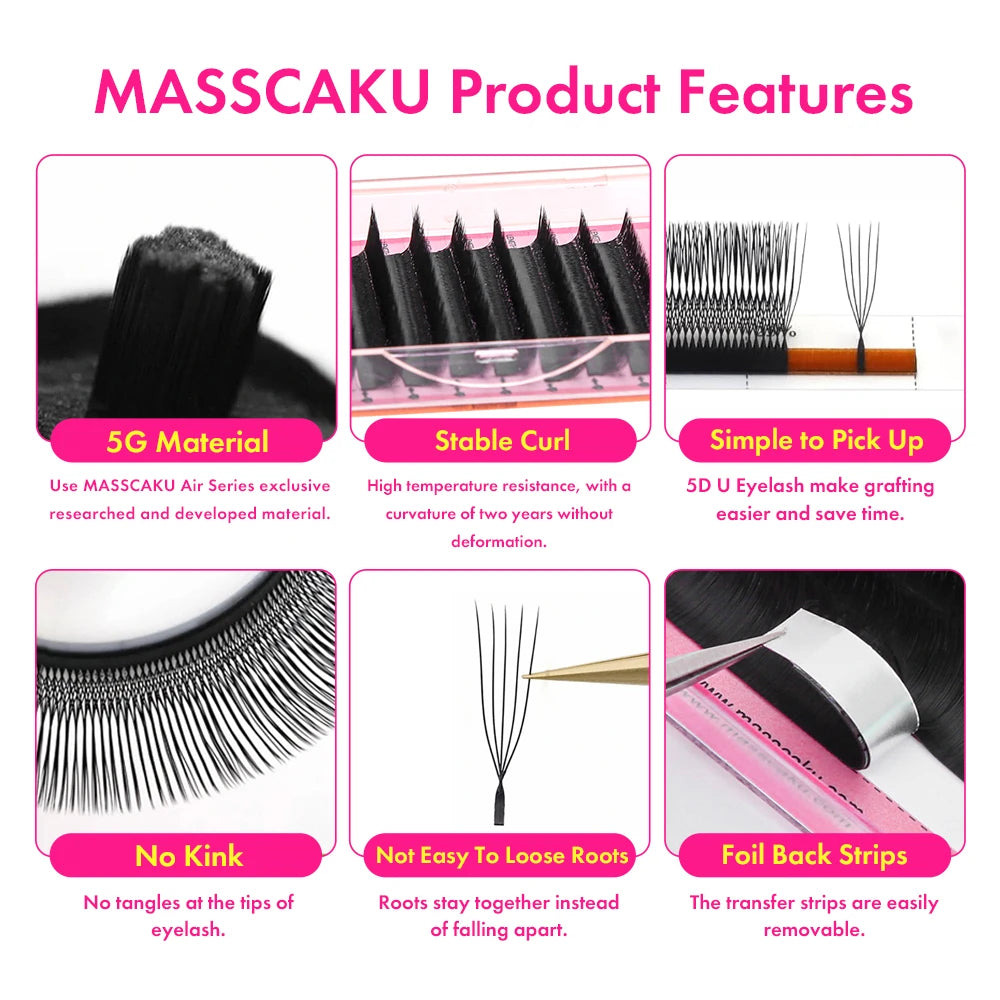 5cases/lot U Shape 3D 4D 5D 6D W Eyelash Extension 0.07mm Thickness High Quality Technologic Fiber U Style Faux Cils by MASSCAKU